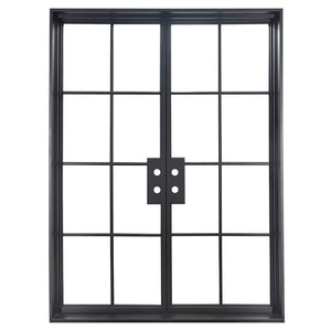 Iron double doors with glass window-pane panels on each side. Doors are thermally broken to protect from extreme weather.