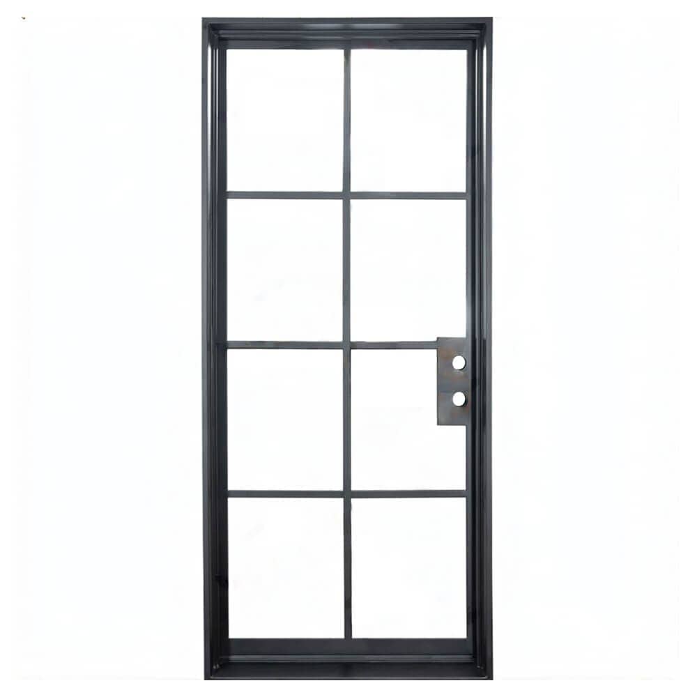 Single door made of iron and featuring a windowpane feature. Door is thermally broken to protect from extreme weather.