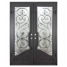 Load image into Gallery viewer, Double entryway doors with a thick steel and iron frame, two large windows behind an intricate iron pattern, and a curved kickplate. Doors are thermally broken to protect from extreme weather.