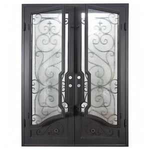 Double entryway doors with a thick steel and iron frame, two large windows behind an intricate iron pattern, and a curved kickplate. Doors are thermally broken to protect from extreme weather.