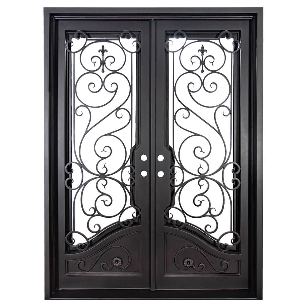 Double entryway doors with a thick steel and iron frame, two large windows behind an intricate iron pattern, and a curved kickplate. Doors are thermally broken to protect from extreme weather.