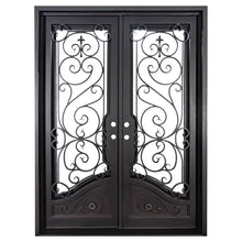 Load image into Gallery viewer, Double entryway doors with a thick steel and iron frame, two large windows behind an intricate iron pattern, and a curved kickplate. Doors are thermally broken to protect from extreme weather.