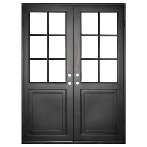 Double exterior doors made for an entryway with a thick iron and steel frame and two 6-paned windows. Doors are thermally broken to protect from extreme weather.