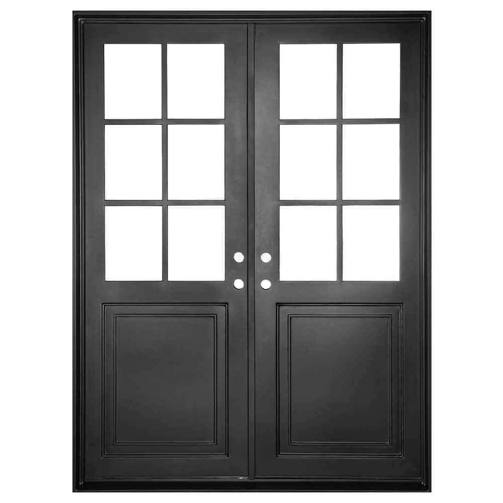 Double exterior doors made for an entryway with a thick iron and steel frame and two 6-paned windows. Doors are thermally broken to protect from extreme weather.