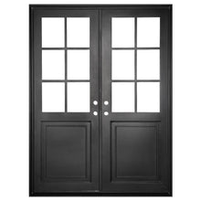 Load image into Gallery viewer, Double exterior doors made for an entryway with a thick iron and steel frame and two 6-paned windows. Doors are thermally broken to protect from extreme weather.