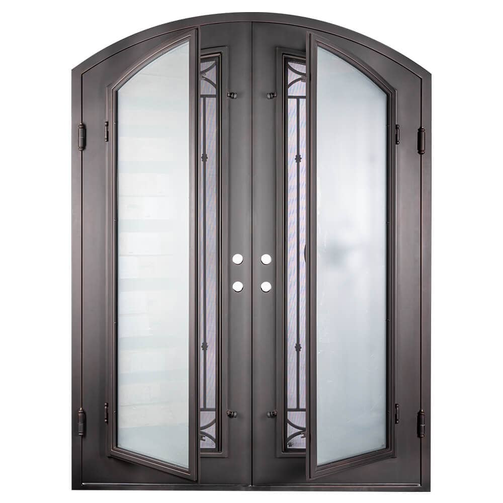 Lone Star arched top metal door with thermal barrier and glass in black.