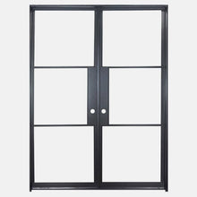 Load image into Gallery viewer, Double Flat Black Steel Door with Removable Threshold for entry doors, patio and french doors. Comes with Polyurethane dual foam weather stripping inside each frame, and 3 tempered single pane glass on each door - PINKYS
