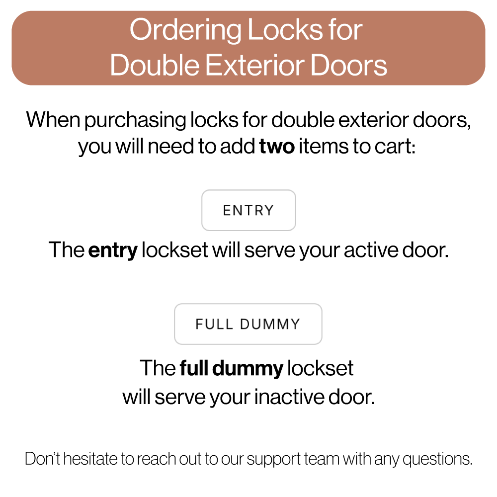 A text-based informational graphic for ordering locks for double exterior doors. It explains that two items need to be added to the cart: an entry lockset and a full dummy lockset, with brief descriptions of each.