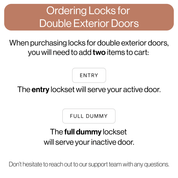 A text-based informational graphic for ordering locks for double exterior doors. It explains that two items need to be added to the cart: an entry lockset and a full dummy lockset, with brief descriptions of each.