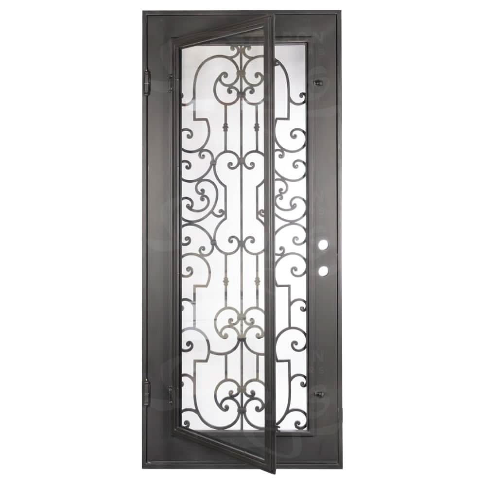 Washington thermally broken single flat door with hand forged scrollwork in bronze color.