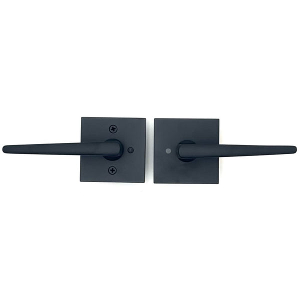 PINKYS privacy lever with push button lock on square escutcheon in black.