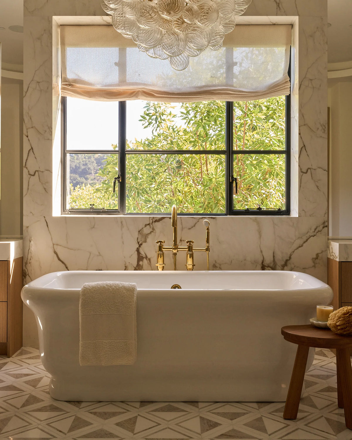 luxury bathroom with dual single casement windows and middle fixed panel