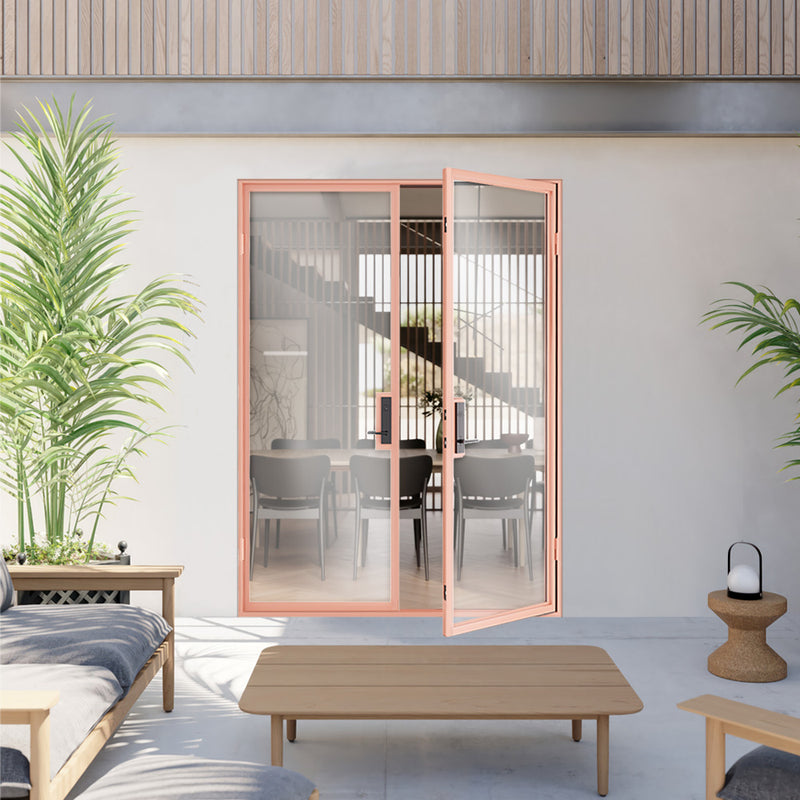 double exterior steel door swinging out to patio