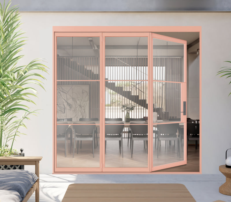 porch accordion door in sturdy metal with glass grids swinging inside