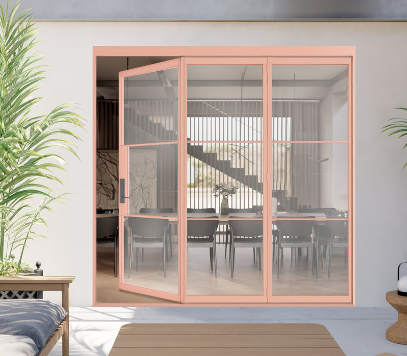 secure steel stacking door leading into home from back patio