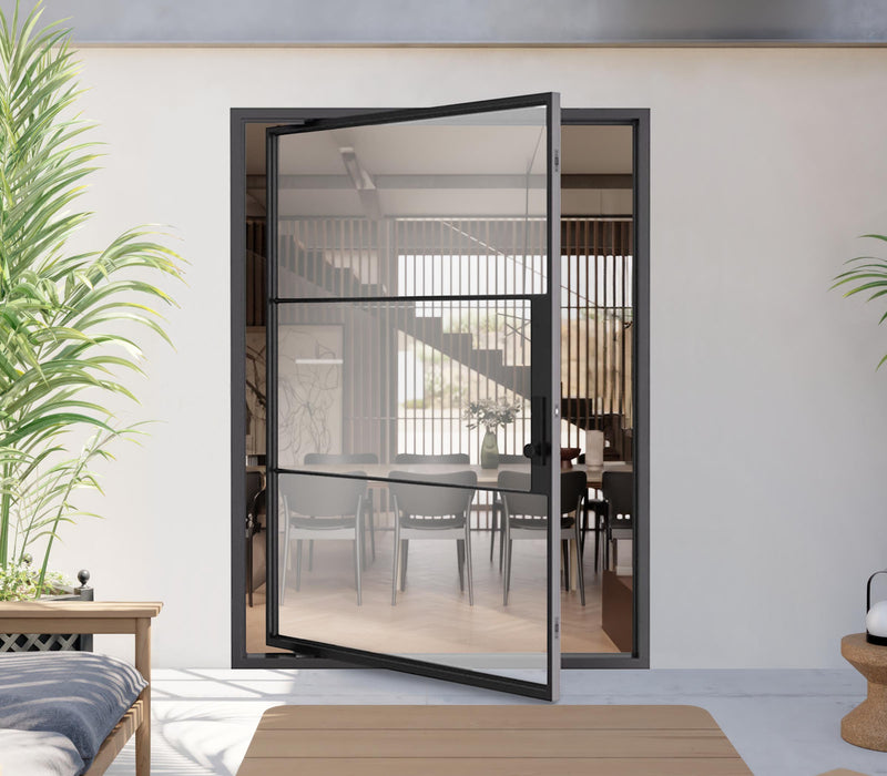 full height pivot door with 3 glass panes