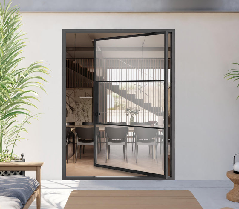 right hand in swing pivot door with clear glass panes