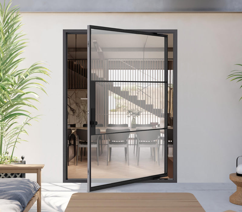 luxury out swing pivot door in dining room