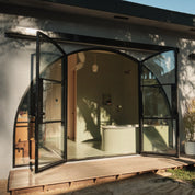 Air 4 wide full arch double entry doors with side windows and sleek steel lines