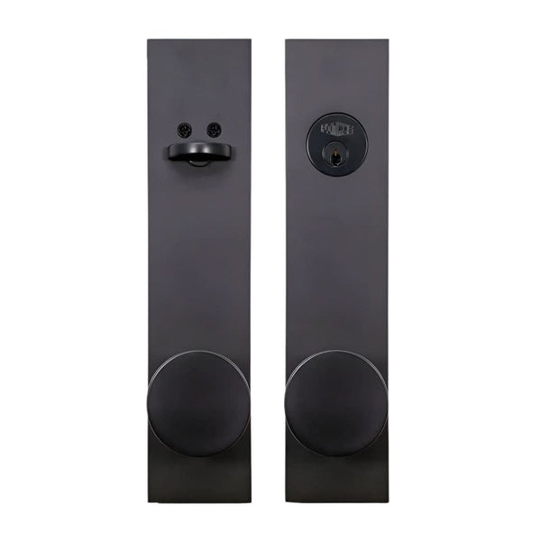 PINKYS lock with round knob and built in deadbolt in black finish.