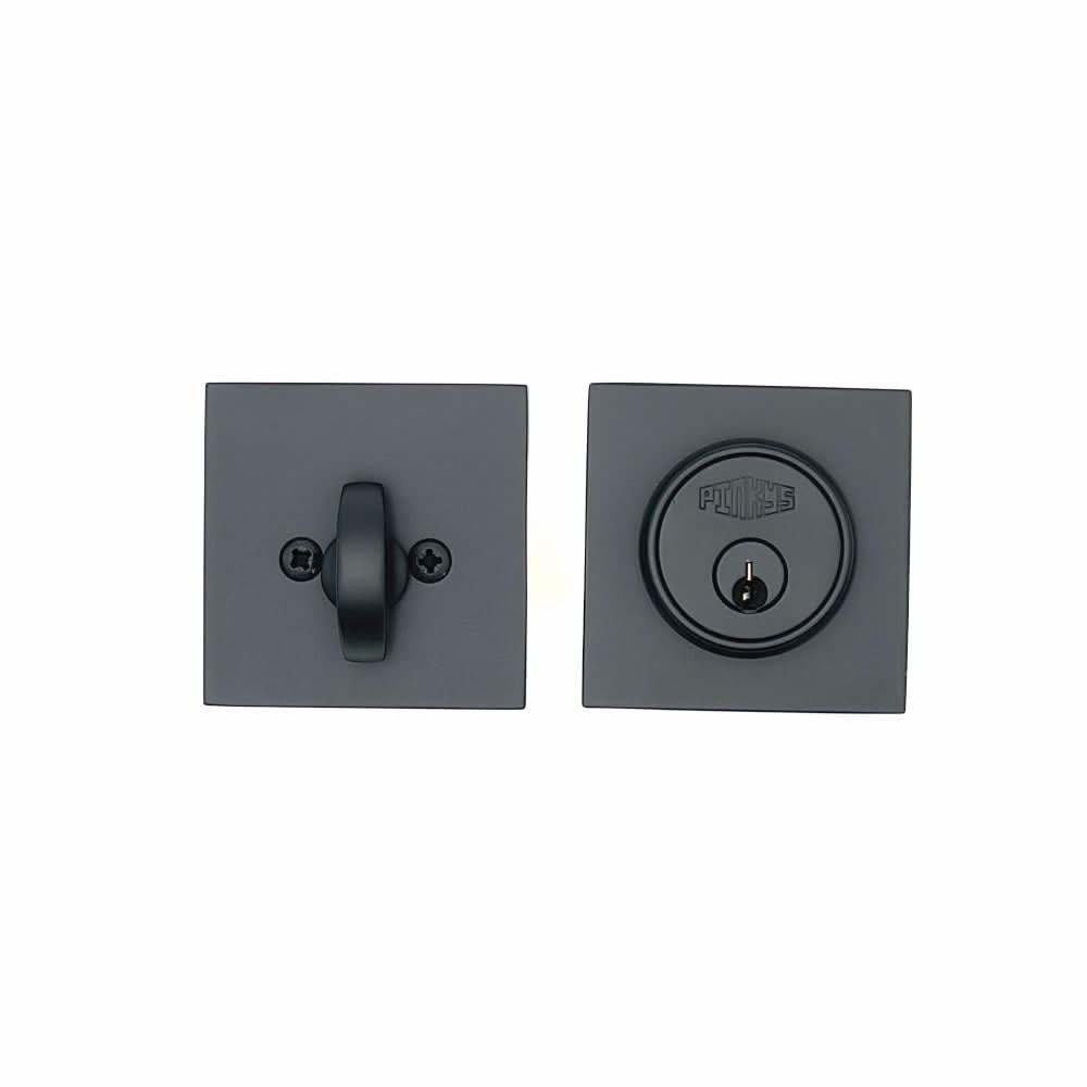 PINKYS deadbolt with keyed cylinder and thumb turn in matte black finish.
