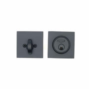 PINKYS deadbolt with keyed cylinder and thumb turn in matte black finish.