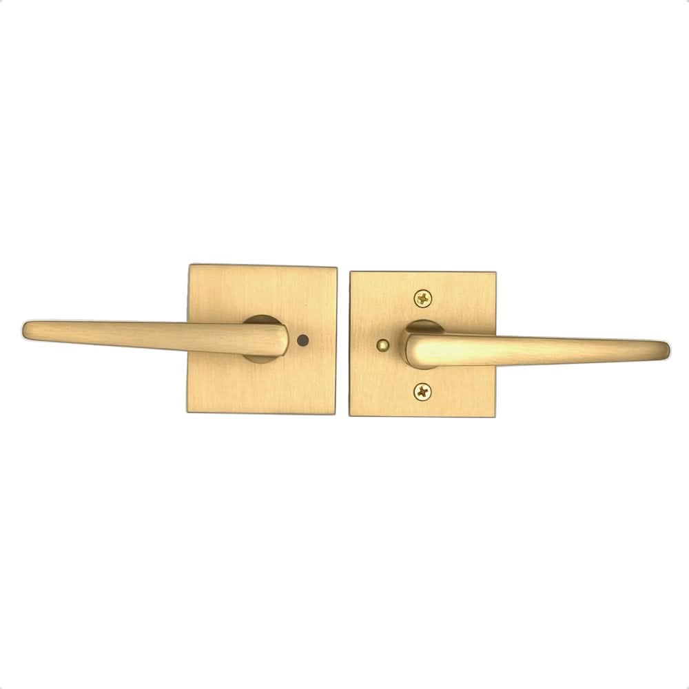PINKYS privacy lever with push button and square escutcheon in brass finish.