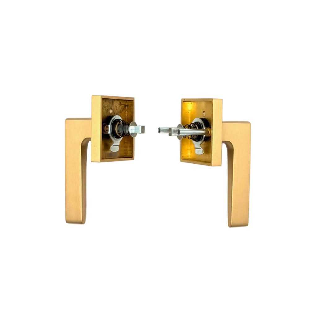 PINKYS privacy lever in brass with square escutcheon and modern lever style.