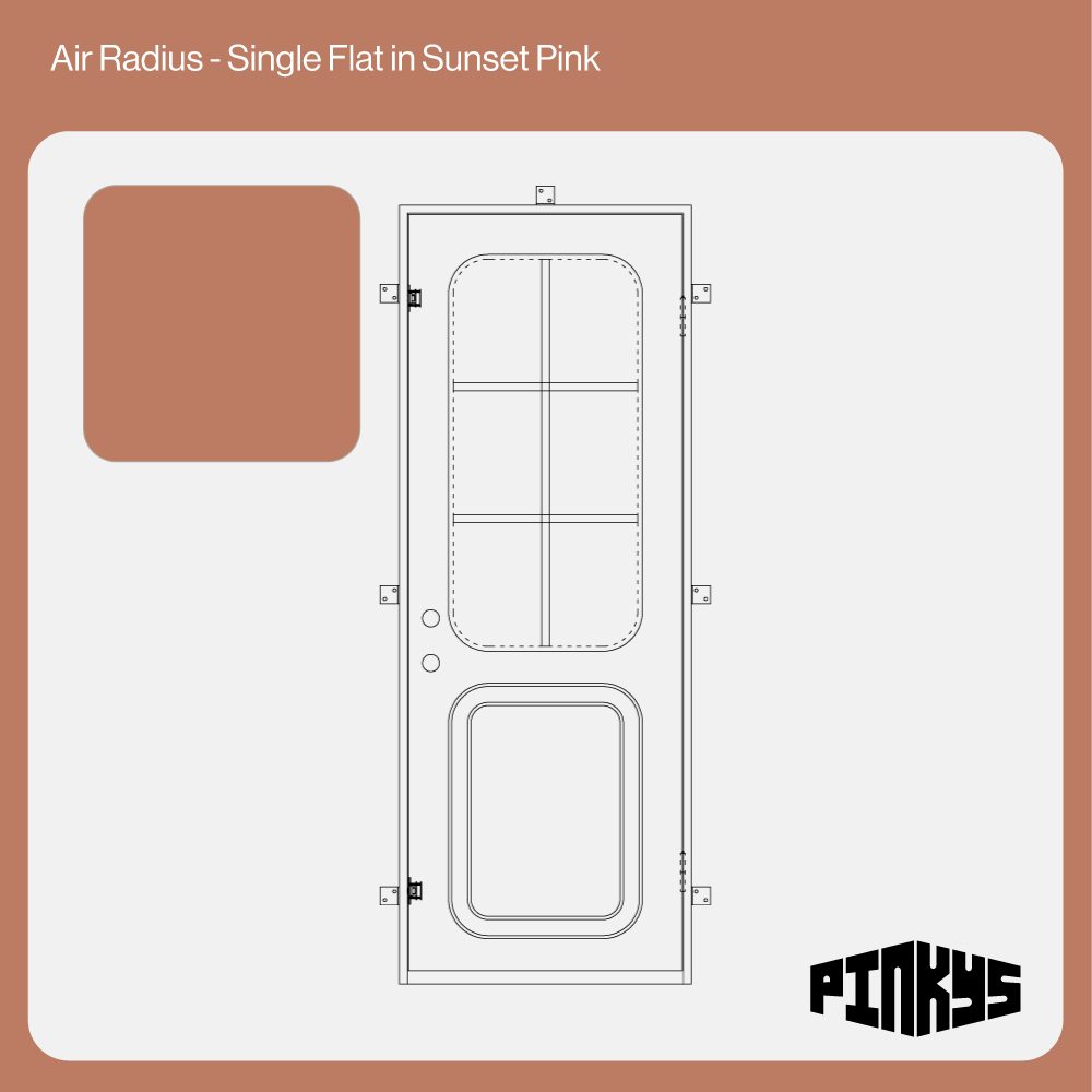 CAD of single steel door with rounded window and kickplate in sunset pink