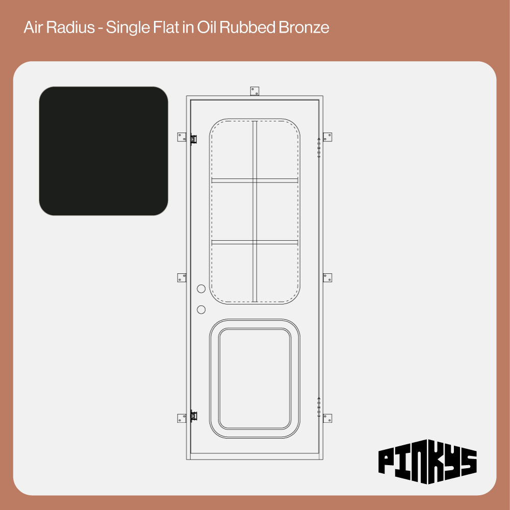 CAD of single steel door with rounded window and kickplate in oil rubbed bronze