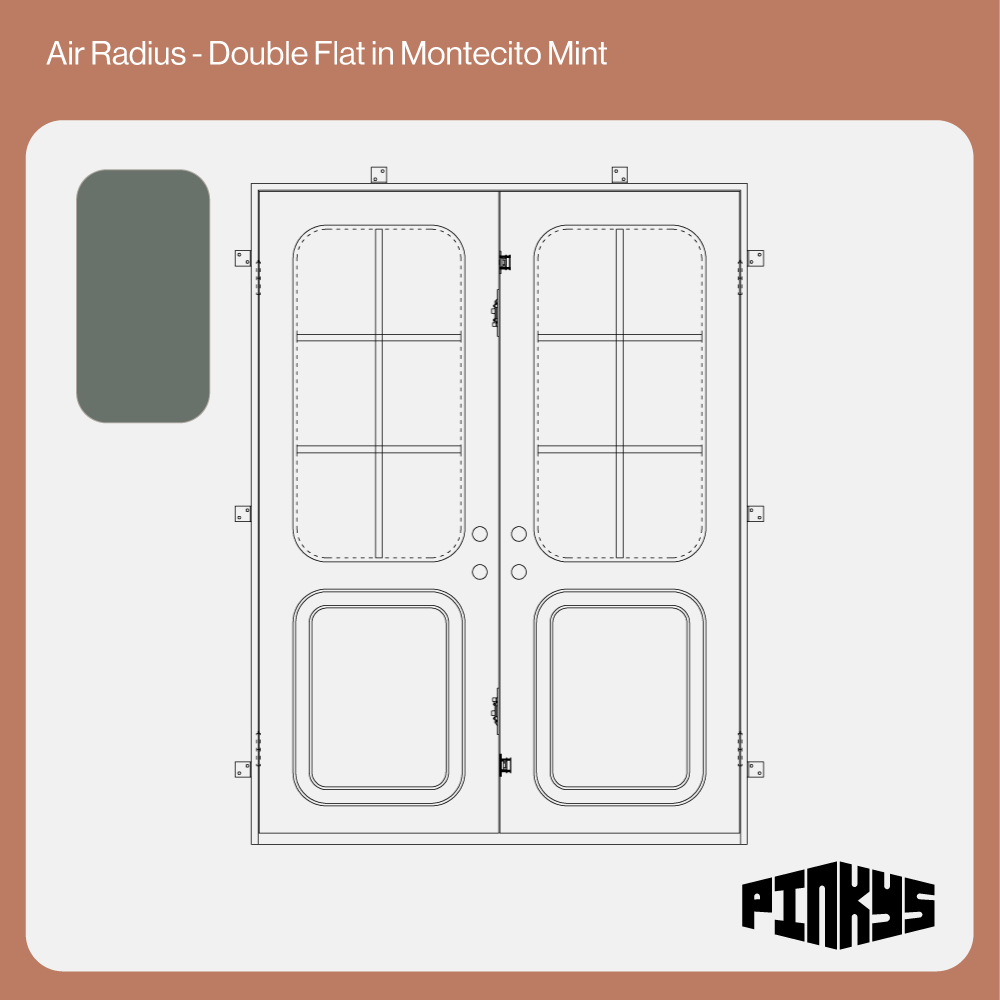 CAD of double steel door with rounded windows and kickplate in montecito mint