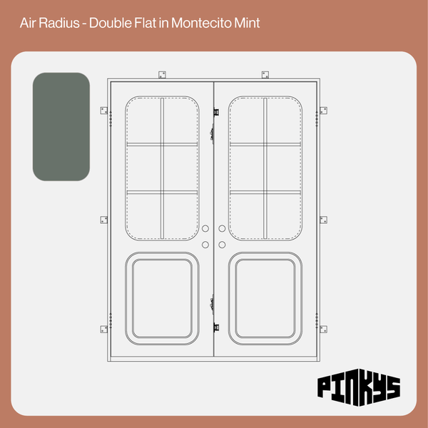 CAD of double steel door with rounded windows and kickplate in montecito mint