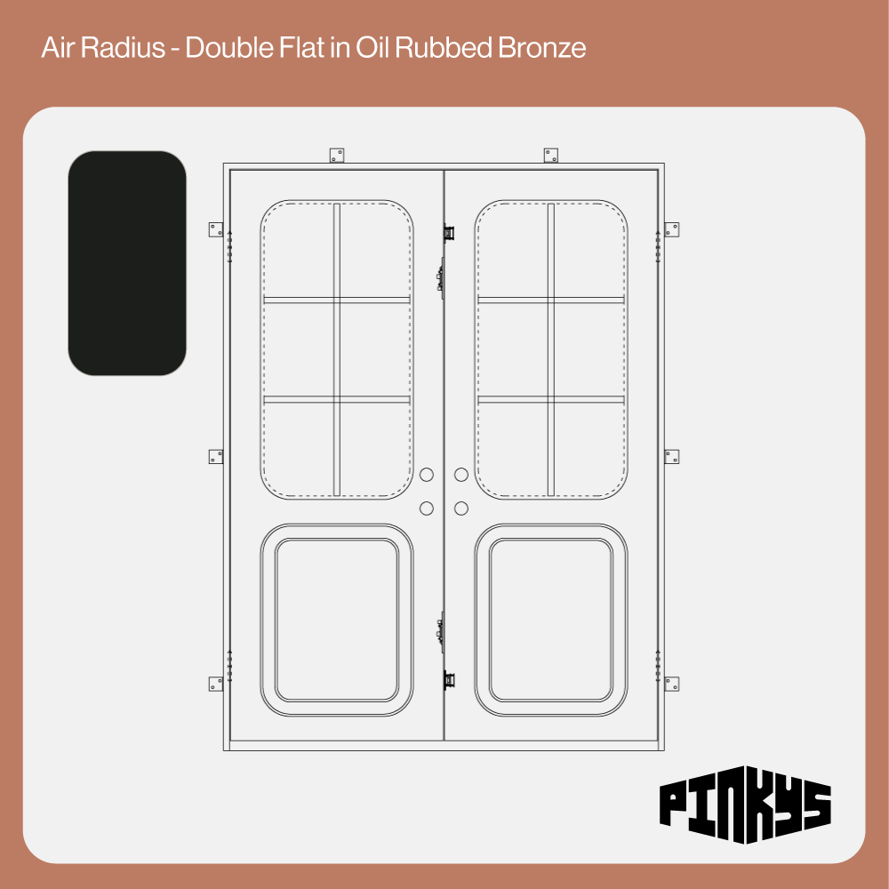 CAD of double steel door with rounded windows and kickplate in oil rubbed bronze