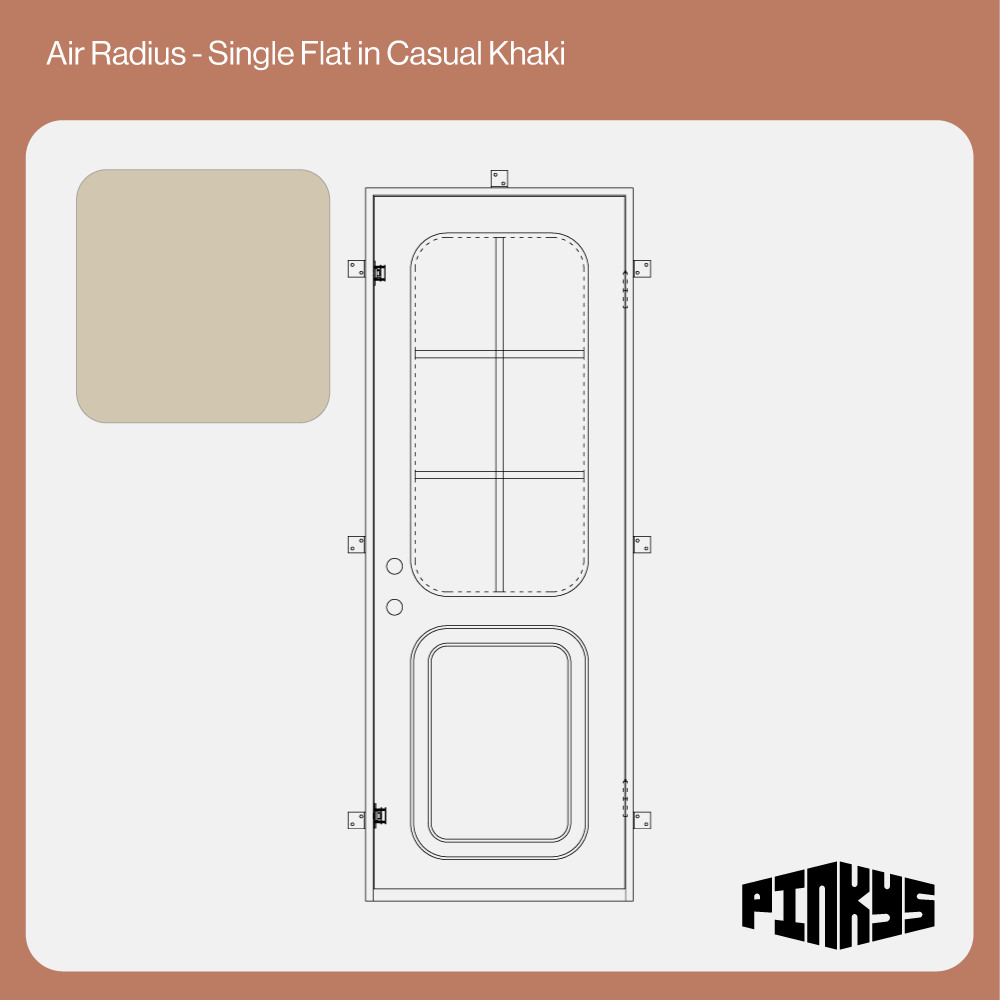 CAD of single steel door with rounded window and kickplate in casual khaki