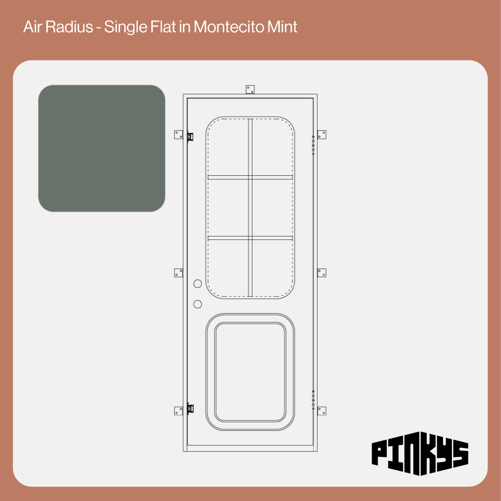 CAD of single steel door with rounded window and kickplate in montecito mint