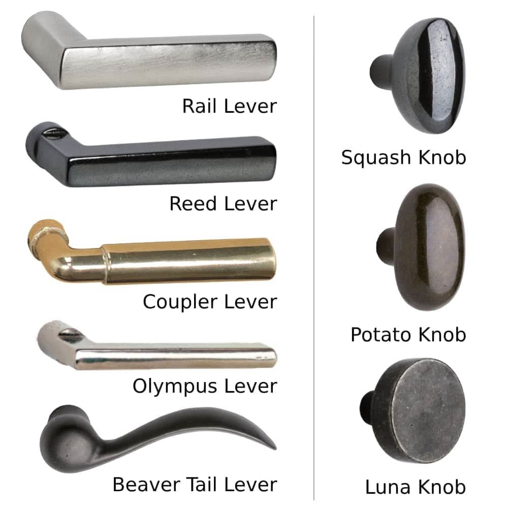 Rocky mountain hardware lever and knob combinations for interior escutcheons.