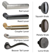 Rocky mountain hardware lever and knob combinations for interior escutcheons.