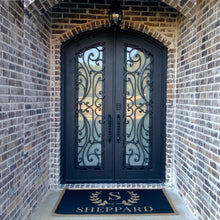 Load image into Gallery viewer, Stylish and elegant wrought iron arch topped double front entry doors in brick home