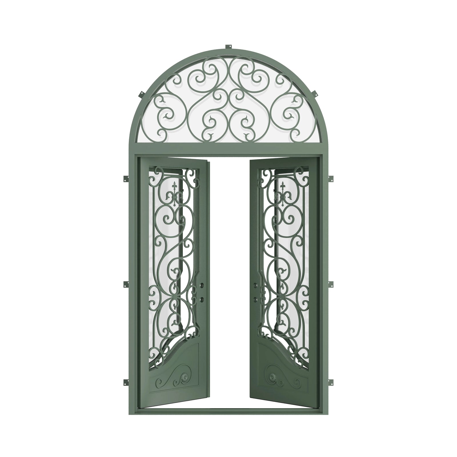 Pinkys Beverly steel door, double, flat, with a full-arch top window, open