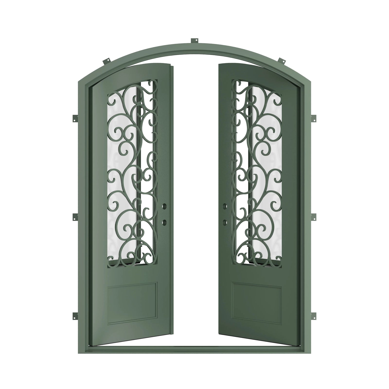 Pinkys Story steel door, double, arch, open