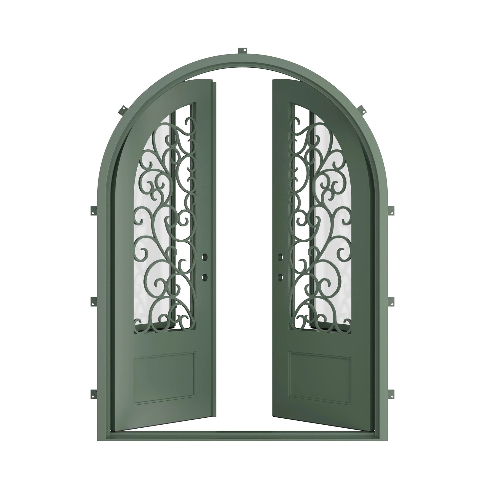 Pinkys Story steel door, double, full arch, open