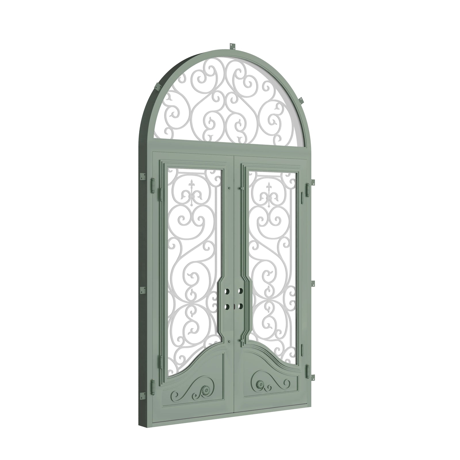 Pinkys Beverly steel door, double, flat, with an arch top window, closed
