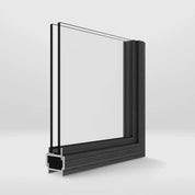 Close-up of steel window corner showing glass glazing detail and architectural steel cross section