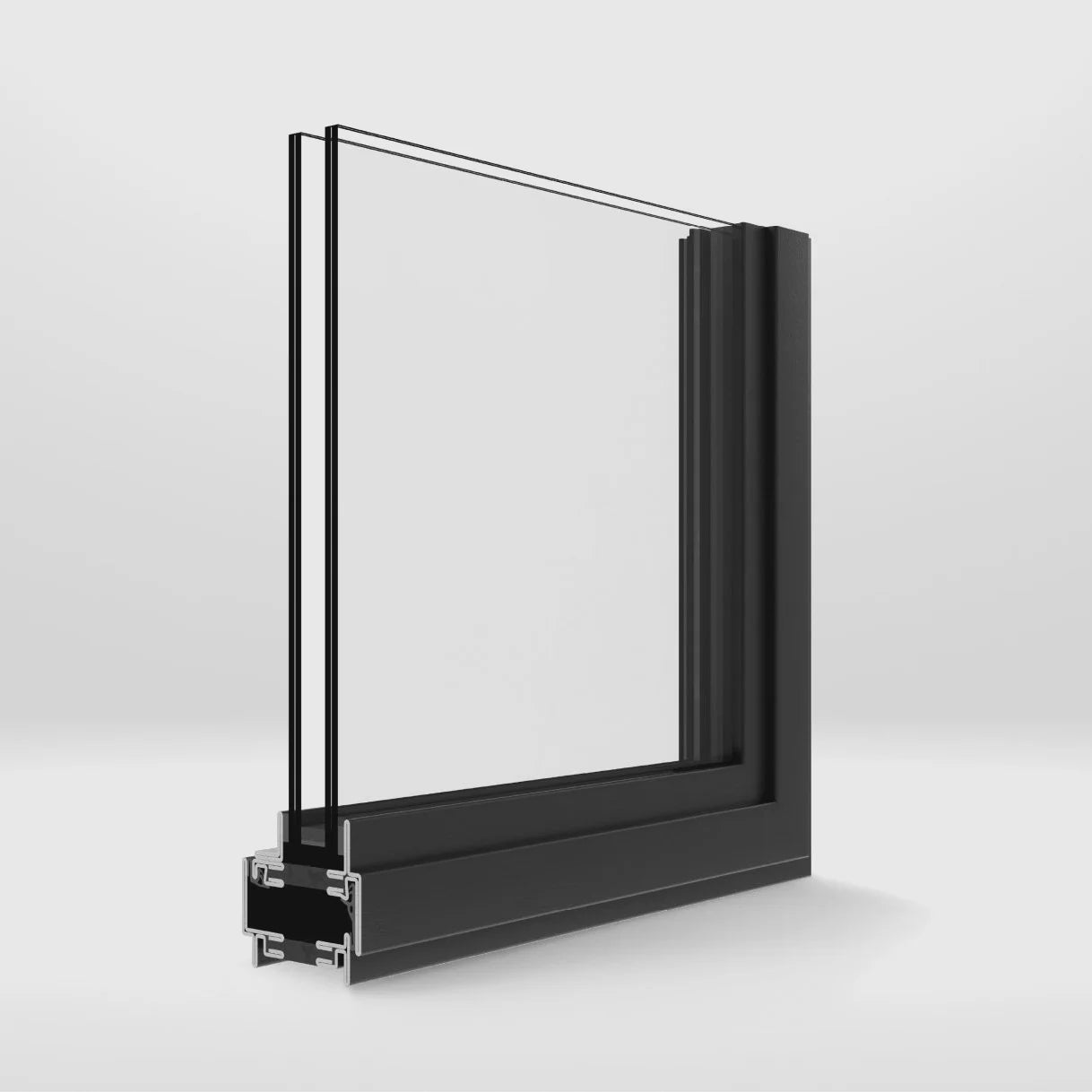 Close-up of modern steel window corner with insulated glass and narrow steel sightlines