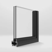 Close-up of modern steel window corner with insulated glass and narrow steel sightlines