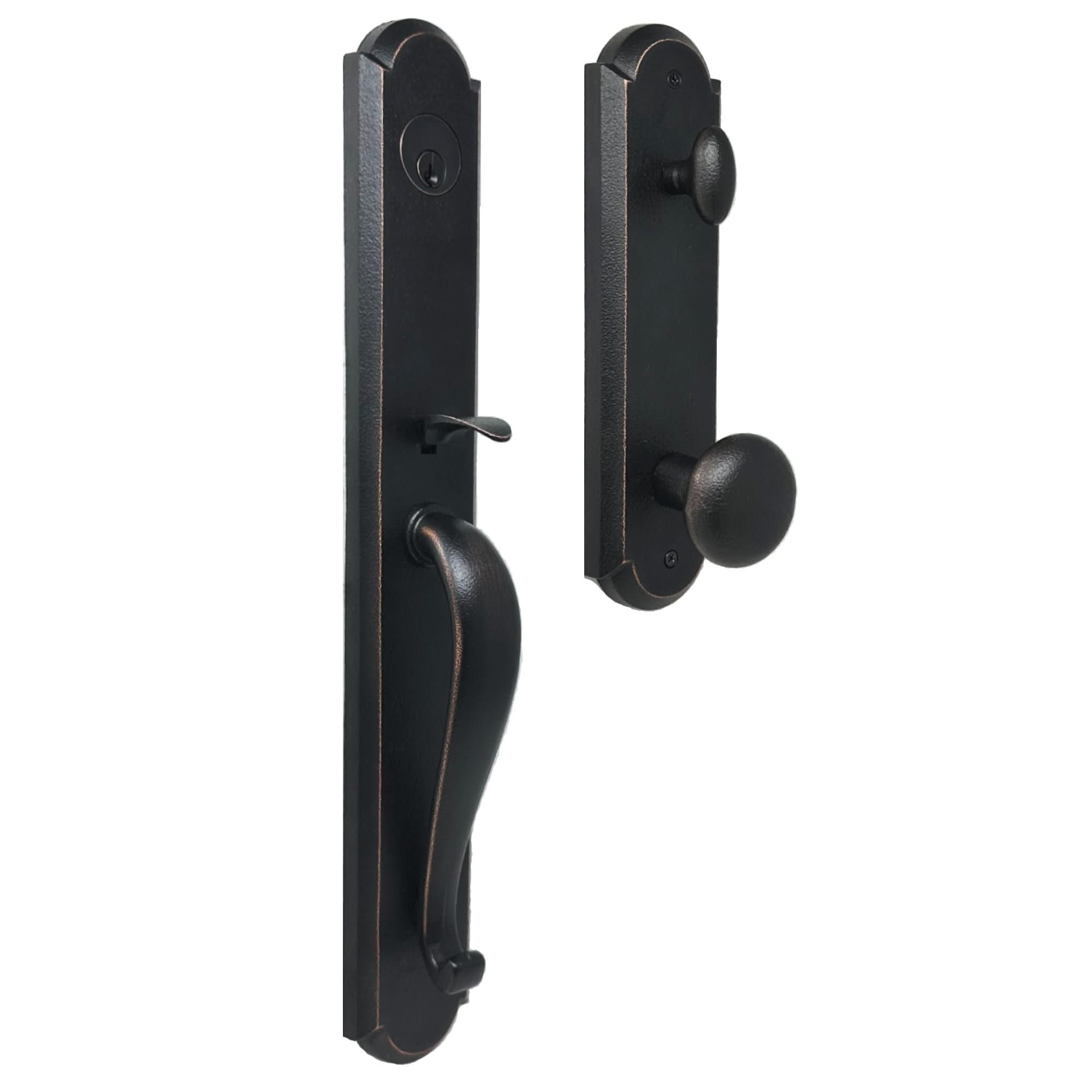 Wiltshire entry set with locking deadbolt for tubular iron doors.