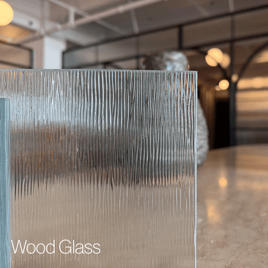 Wood glass sample pane in a modern indoor setting with blurred background