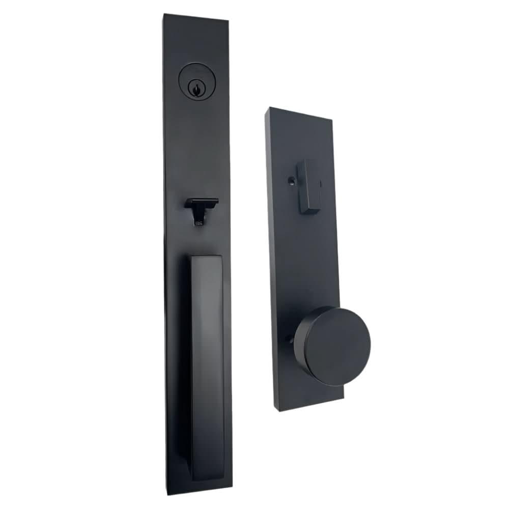 Xanthis exterior entry set with keyed deadbolt and modern handle.