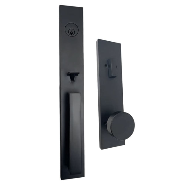 Xanthis exterior entry set with keyed deadbolt and modern handle.