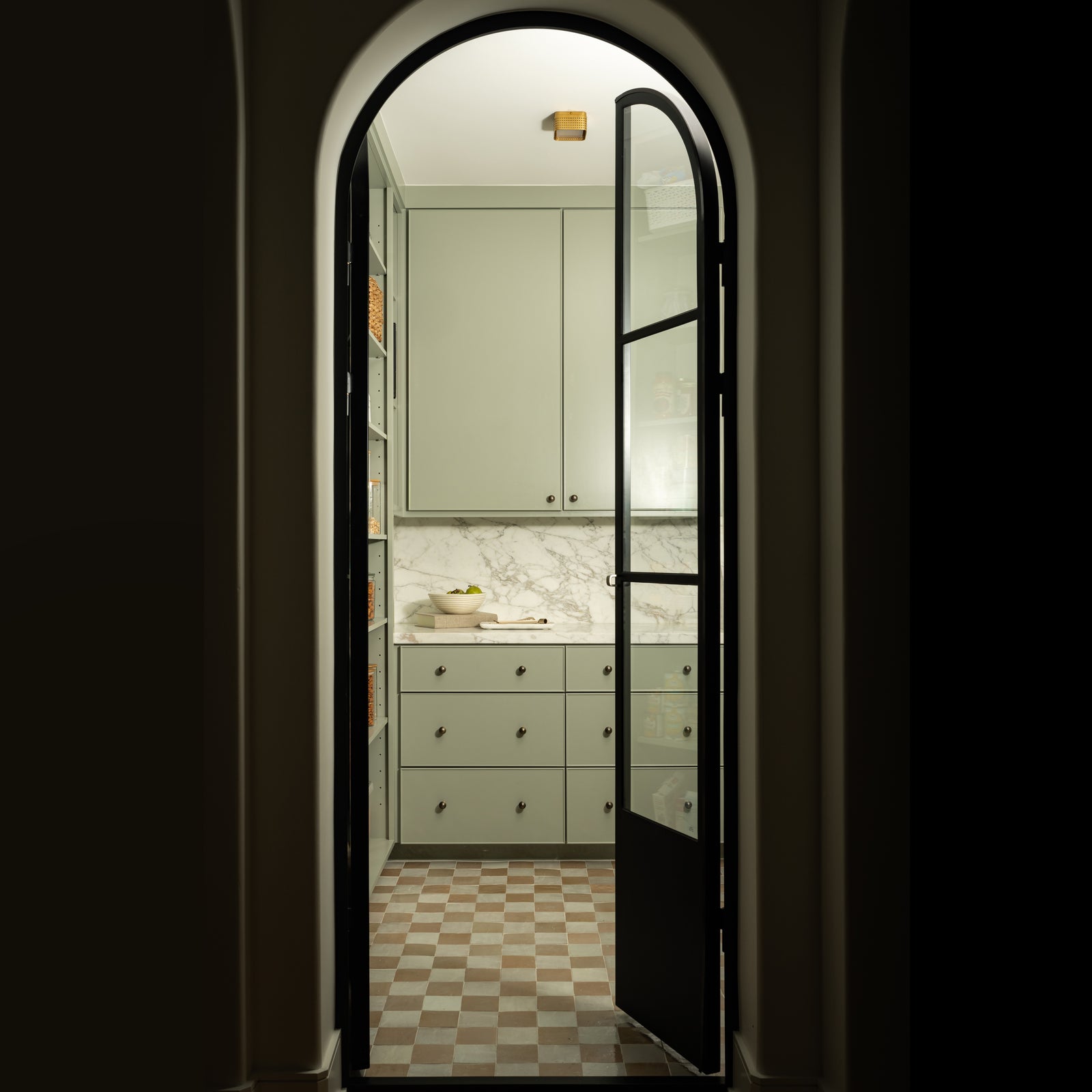 double arch cold-rolled steel black pantry door with kickplate